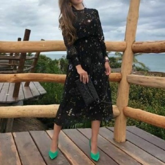 RARE Zara Astrology Midi Dress long sleeve navy dress unlined smocked sleeves - Picture 7 of 12